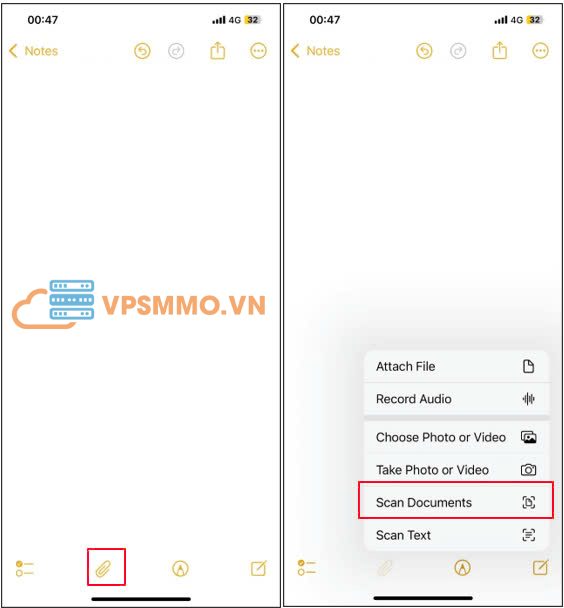 scan tài liệu trên ứng dụng Notes
