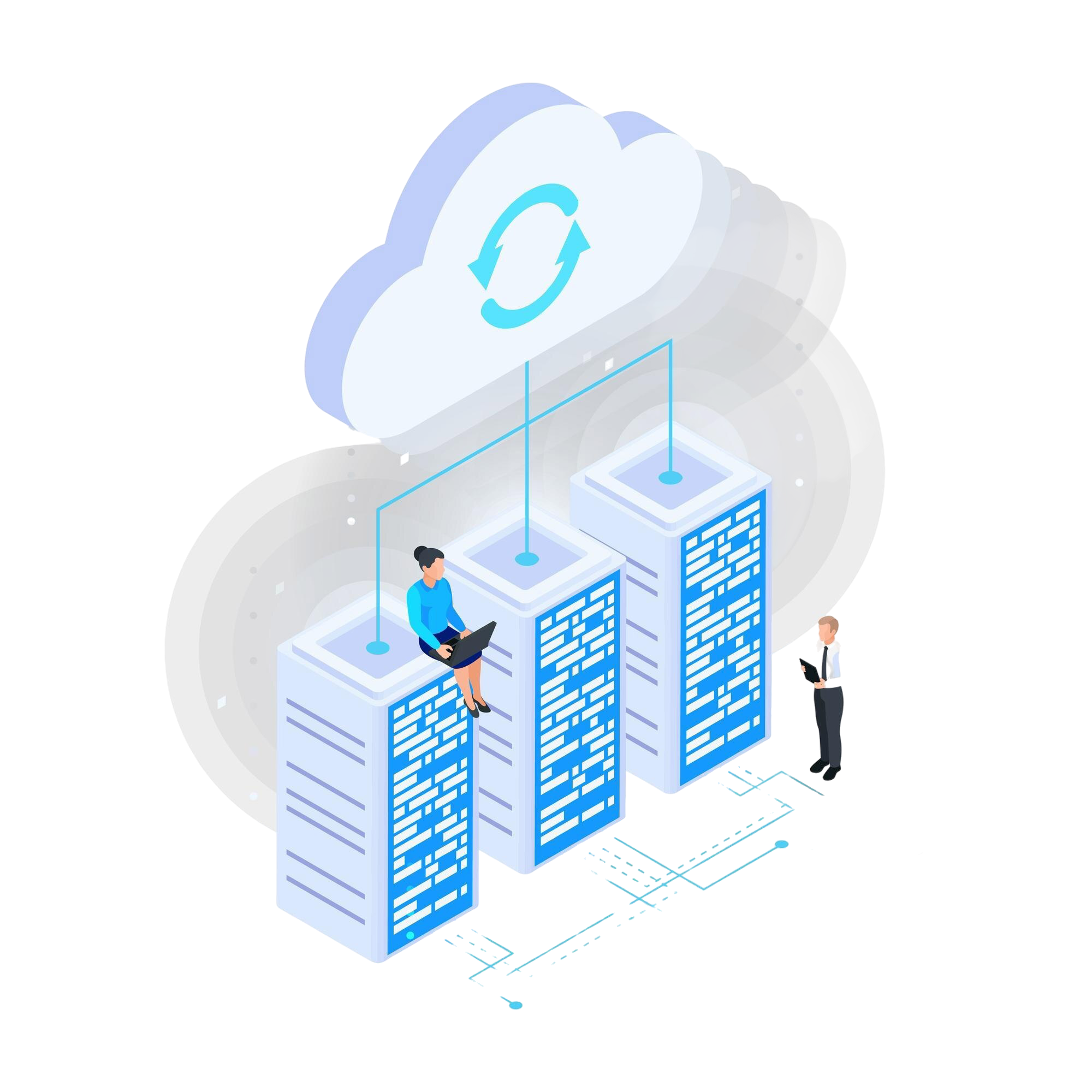 cloud services isometric composition with cloud connection icons server racks wired cloud with sync sign vector illustration