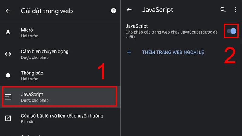 Chọn mục JavaScript và bật thanh trượt để cho phép