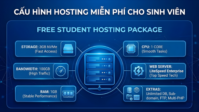 Bảng cấu hình chi tiết của gói hosting miễn phí cho sinh viên với 3GB NVMe