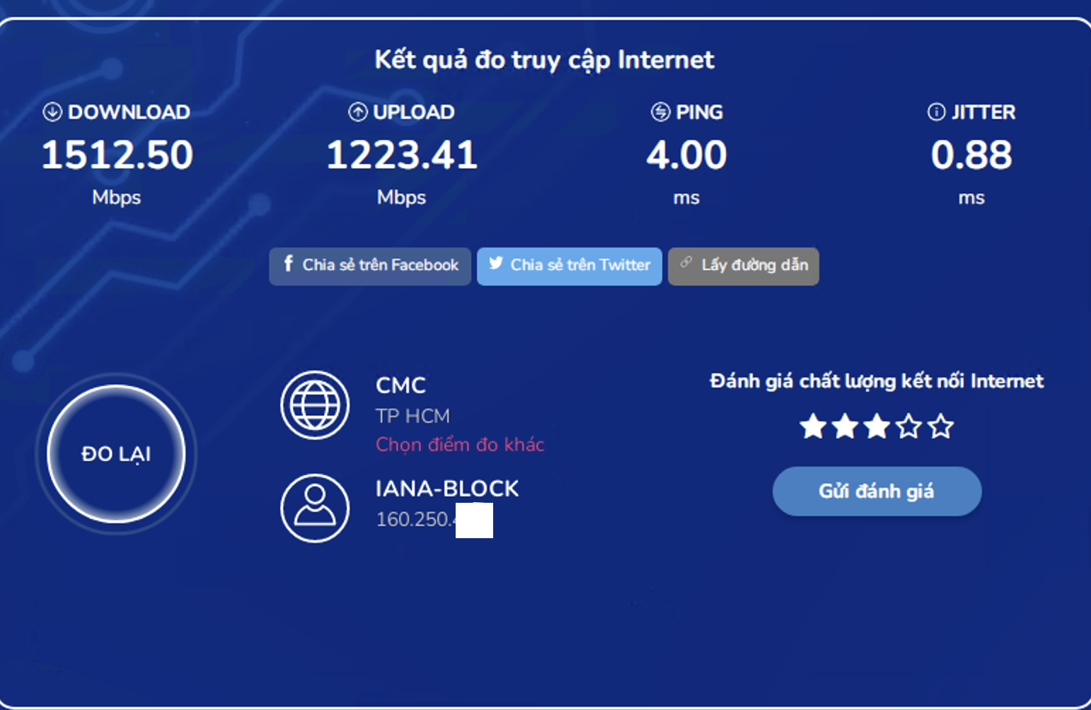 Kết quả đo tốc độ mạng máy chủ VPSMMO: tải xuống 1512 Mbps, ping 4ms
