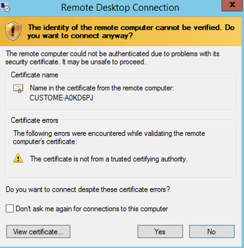 Nhấn Yes để xác nhận cảnh báo chứng chỉ Remote Desktop