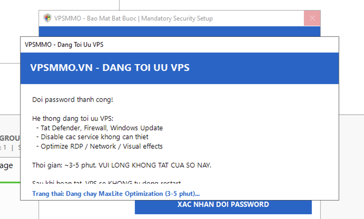 Popup VPSMMO bắt buộc đổi password lần đầu khi đăng nhập VPS Windows
