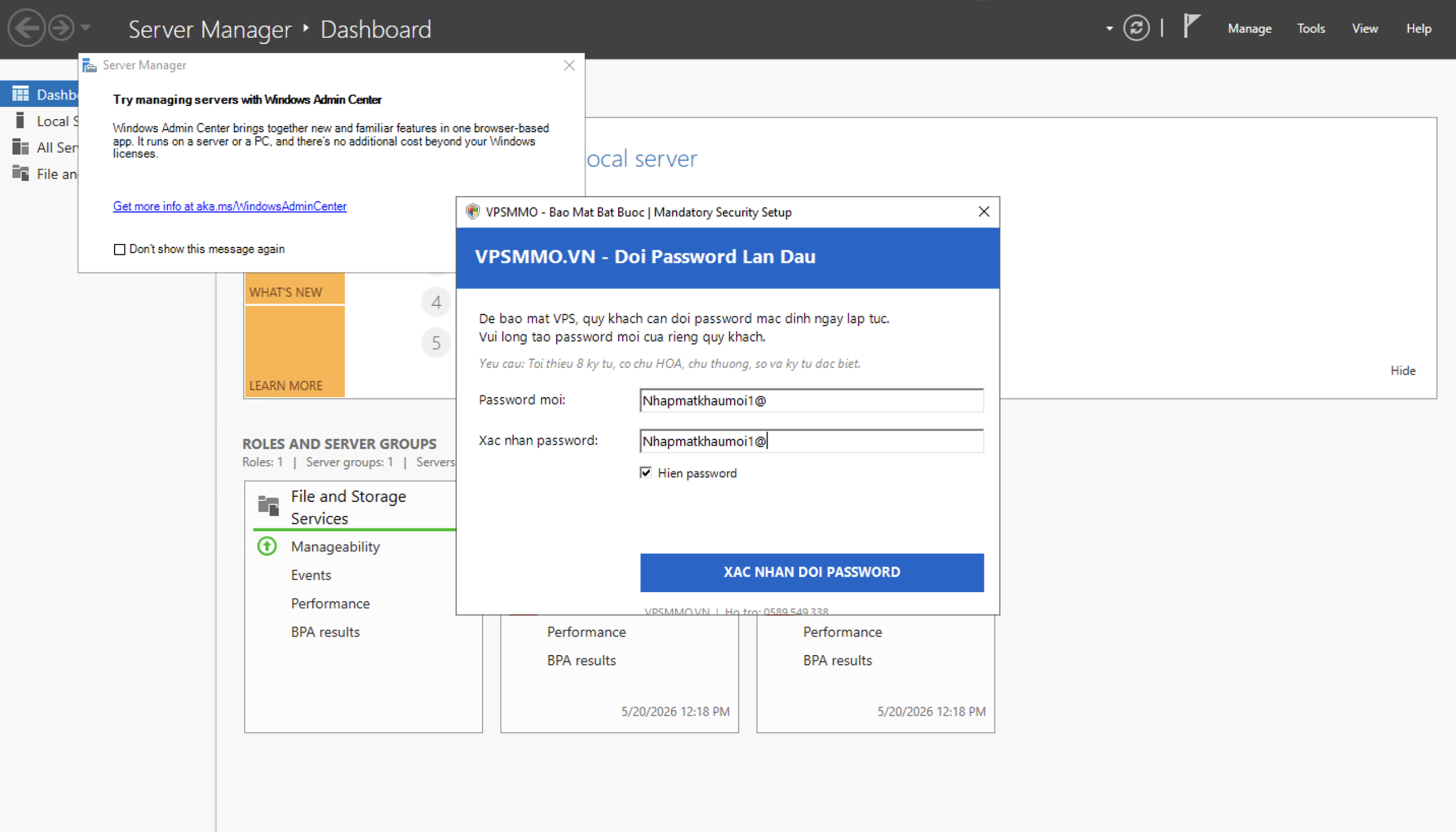 Cửa sổ VPSMMO bắt buộc đổi password lần đầu khi vào VPS Windows