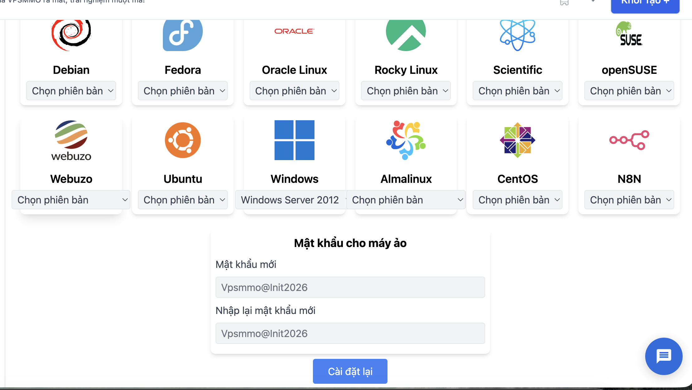 Cài lại hệ điều hành Windows Server tại Portal VPSMMO với mật khẩu mặc định Vpsmmo Init2026
