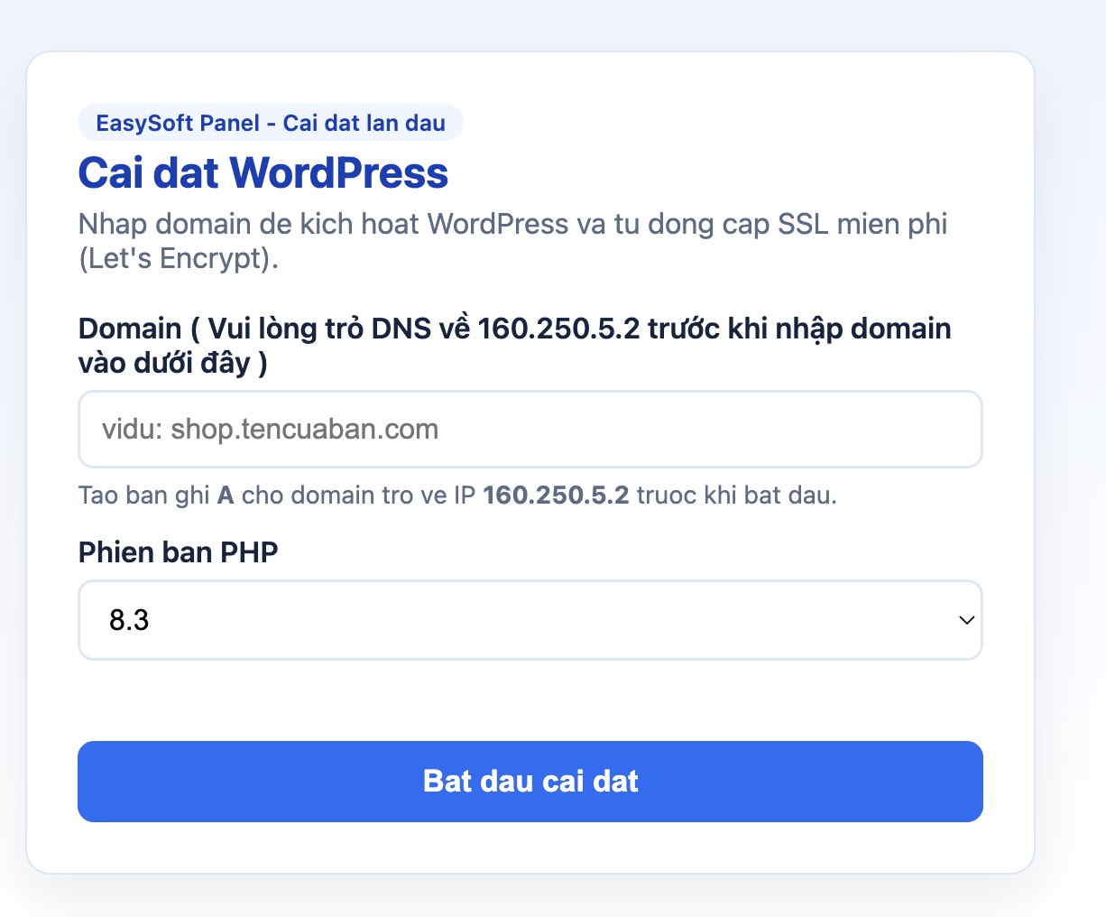 Giao diện nhập tên miền và chọn phiên bản PHP trên EasySoft Panel