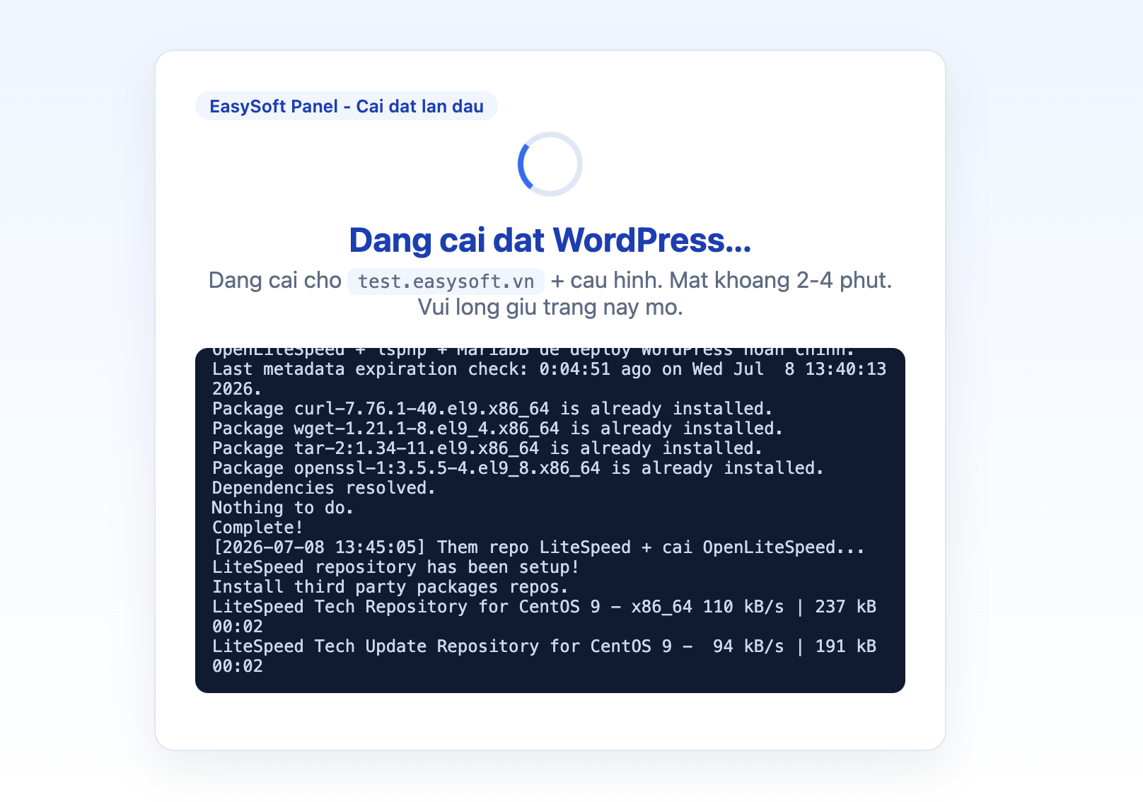 Hệ thống đang tự động cài đặt WordPress và cấu hình SSL