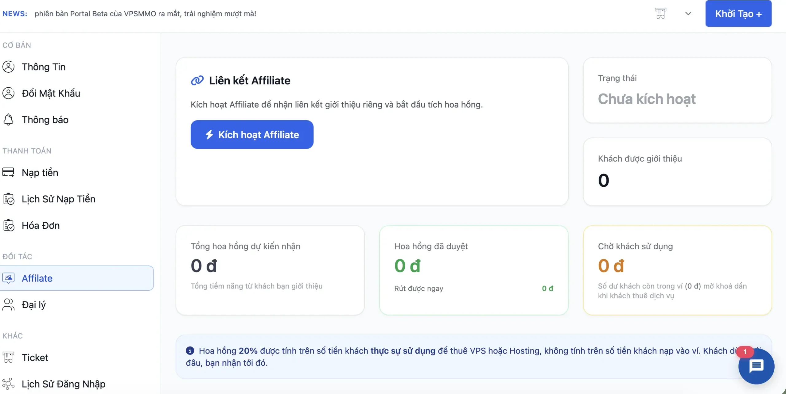 Trang Affiliate trên portal VPSMMO với nút Kích hoạt Affiliate và trạng thái chưa kích hoạt