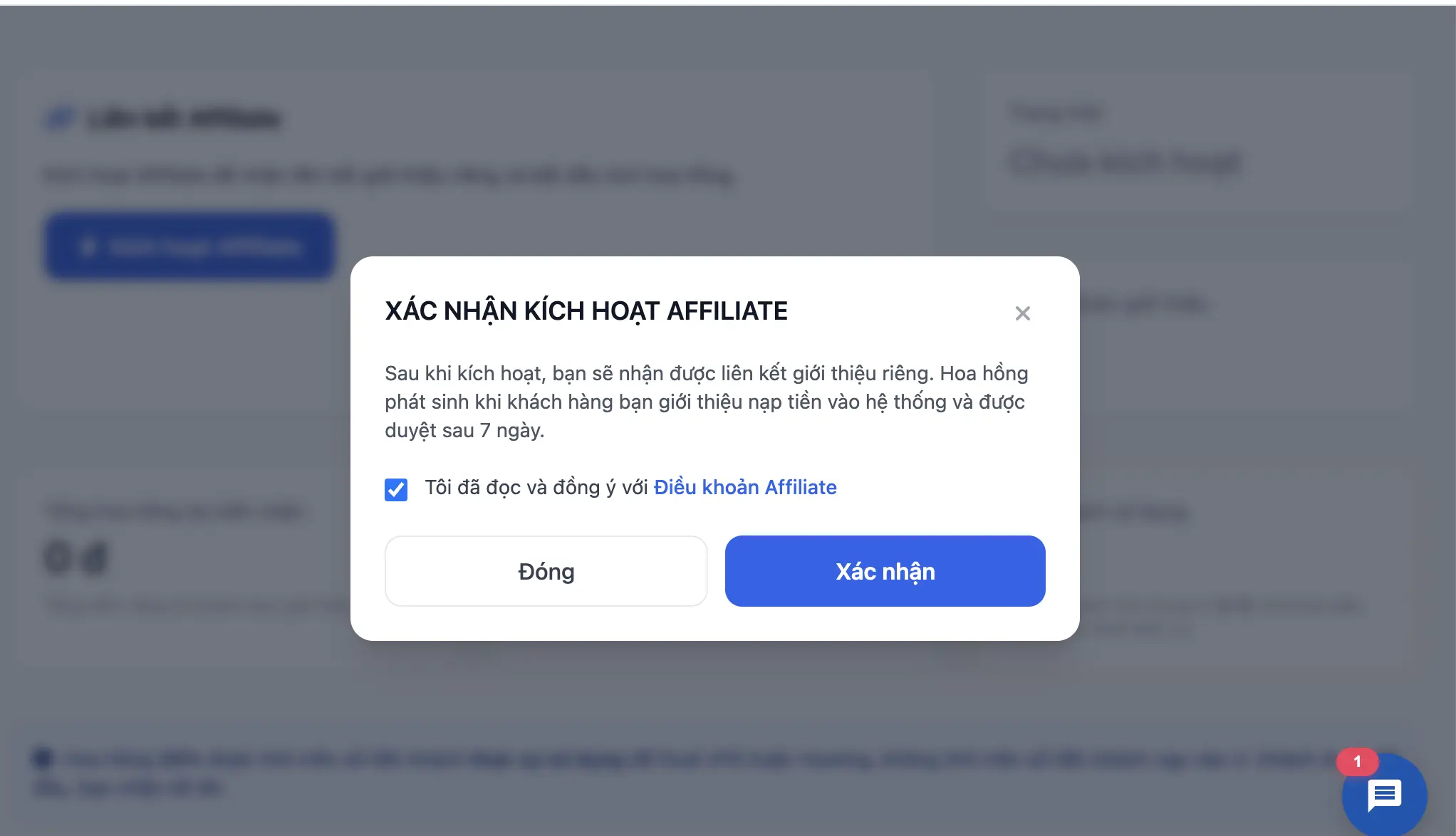 Cửa sổ xác nhận kích hoạt Affiliate với điều khoản và nút Xác nhận trên portal VPSMMO