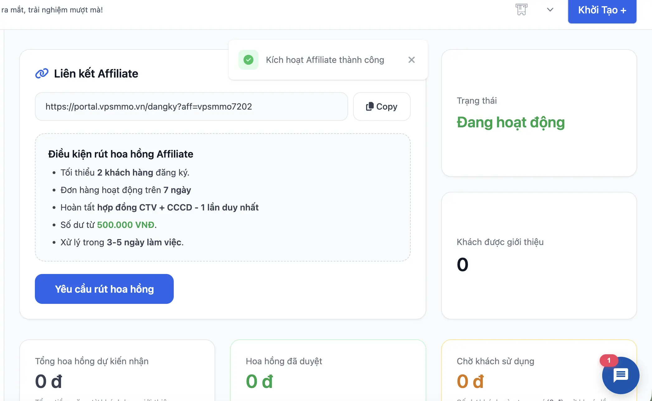 Kích hoạt Affiliate thành công trên portal VPSMMO: liên kết giới thiệu riêng và điều kiện rút hoa hồng