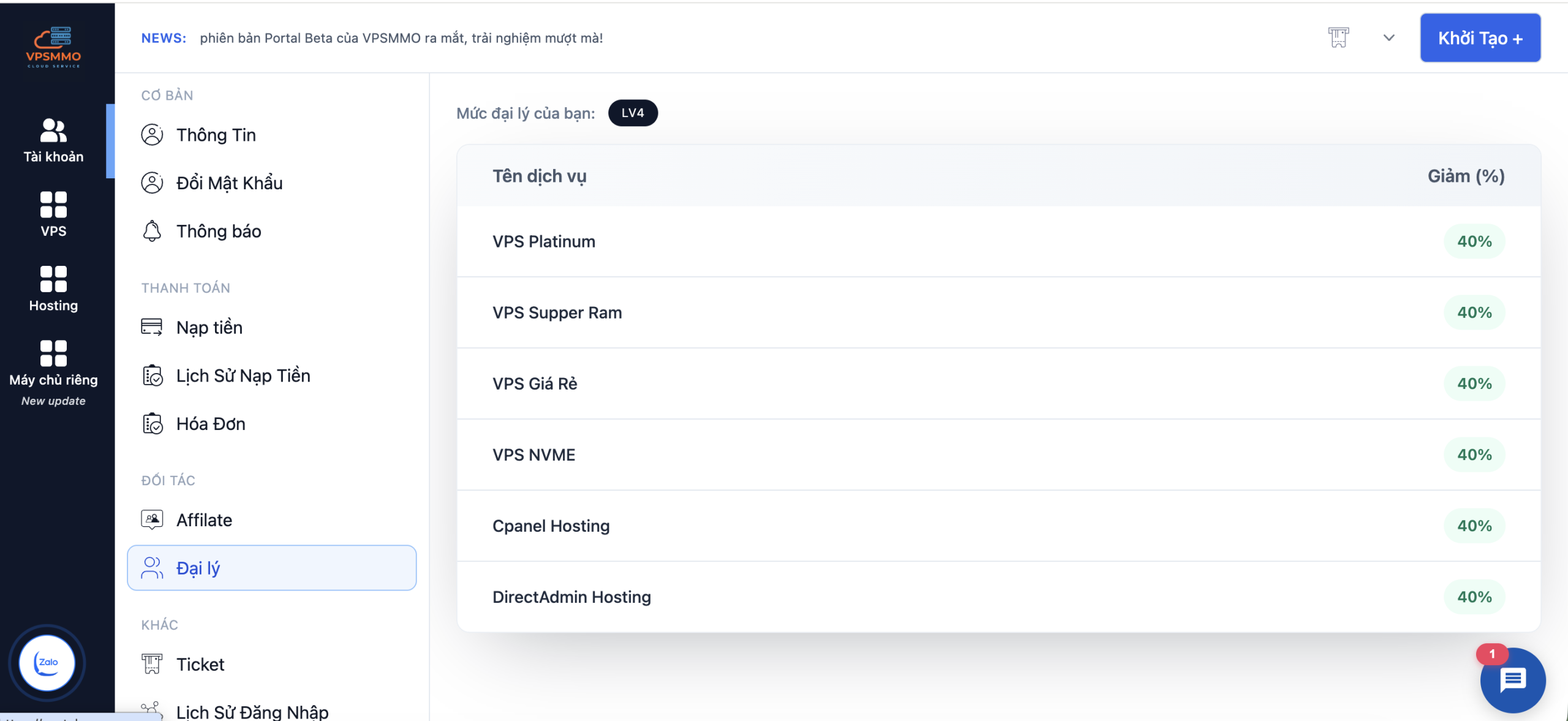 Trang Đại lý trên portal VPSMMO hiển thị mức đại lý của tài khoản và bảng phần trăm giảm theo từng dịch vụ