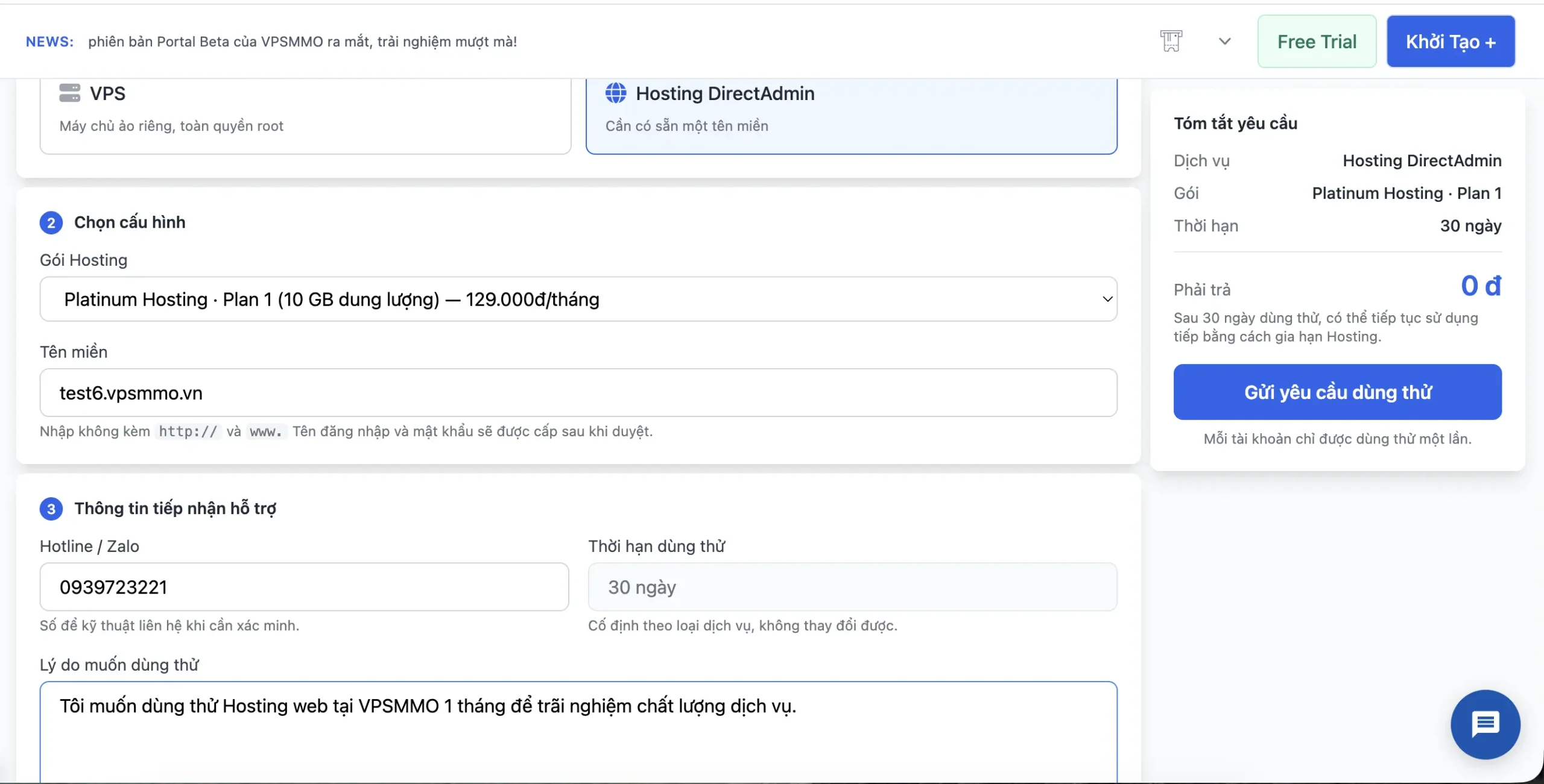 Chọn dịch vụ Hosting DirectAdmin và nhập tên miền trong form dùng thử VPSMMO