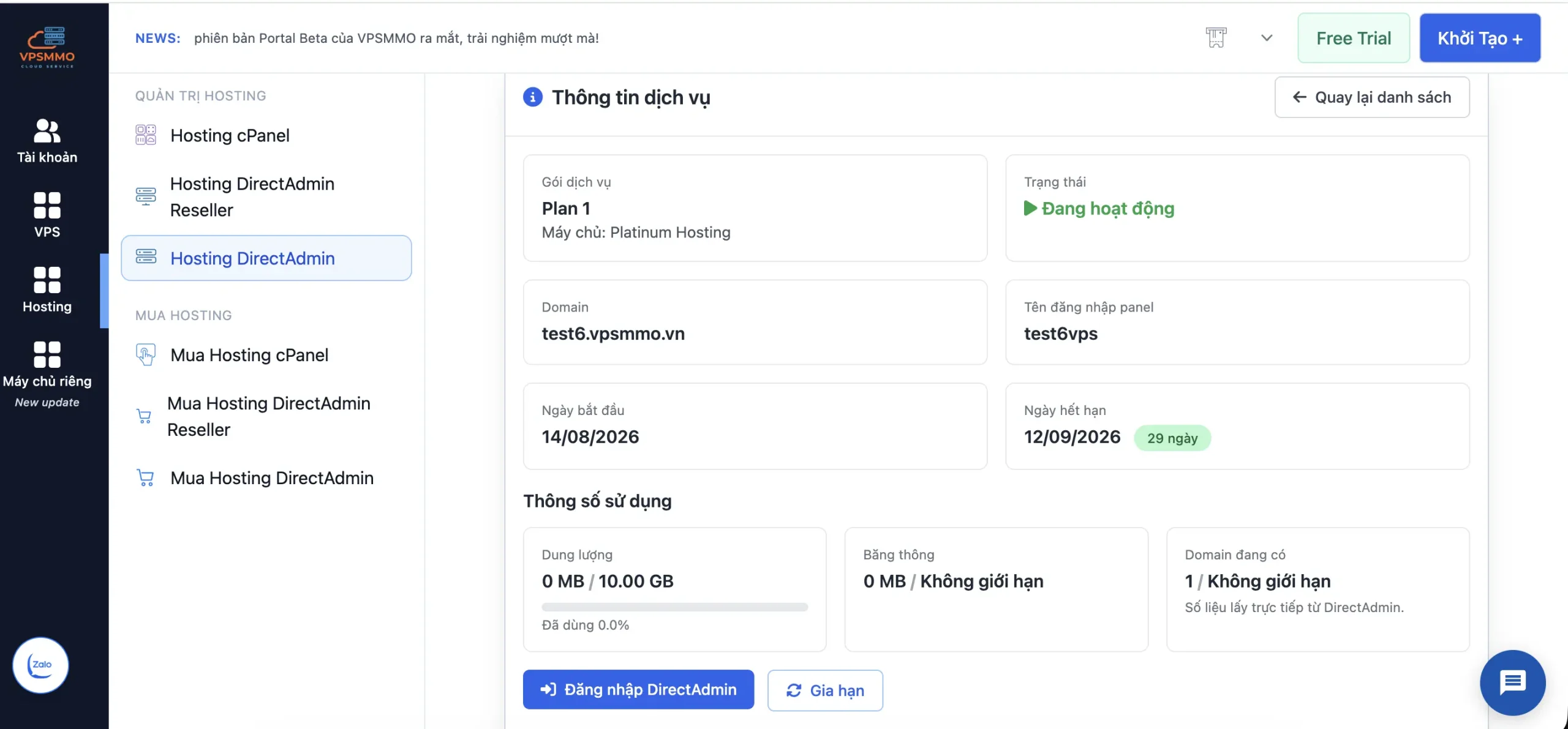 Trang quản trị Hosting DirectAdmin trong portal VPSMMO với thông số dung lượng và băng thông