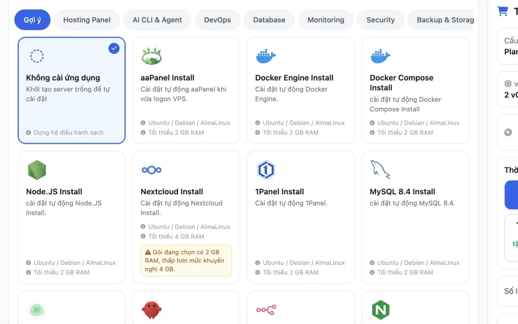 Nhóm gợi ý: aaPanel, Docker, Node.js, Nextcloud, MySQL