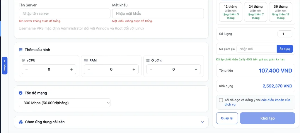 Thêm cấu hình ngay lúc mua VPS