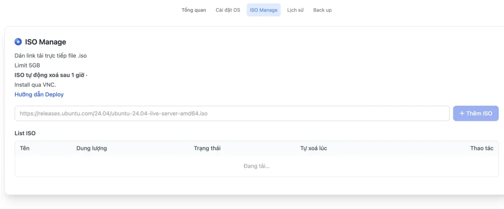 Tab ISO Manage để thêm file ISO riêng