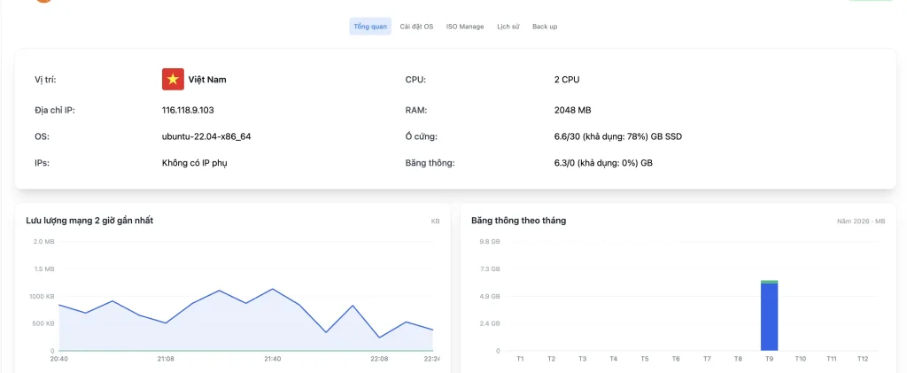 Tab Tổng quan của một VPS trên Portal VPSMMO
