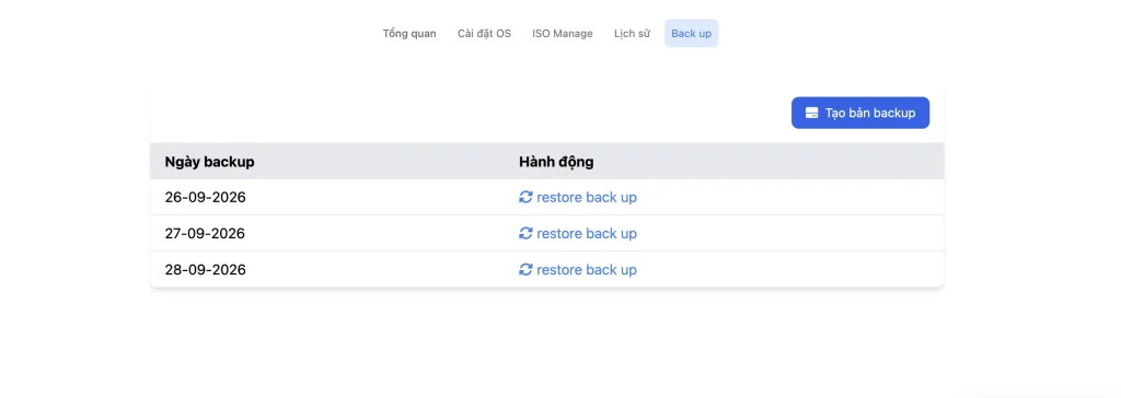 Tab Back up với danh sách bản sao lưu theo ngày và nút restore
