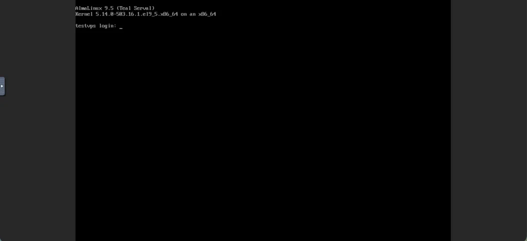 Console VNC mở màn hình đăng nhập AlmaLinux trên trình duyệt