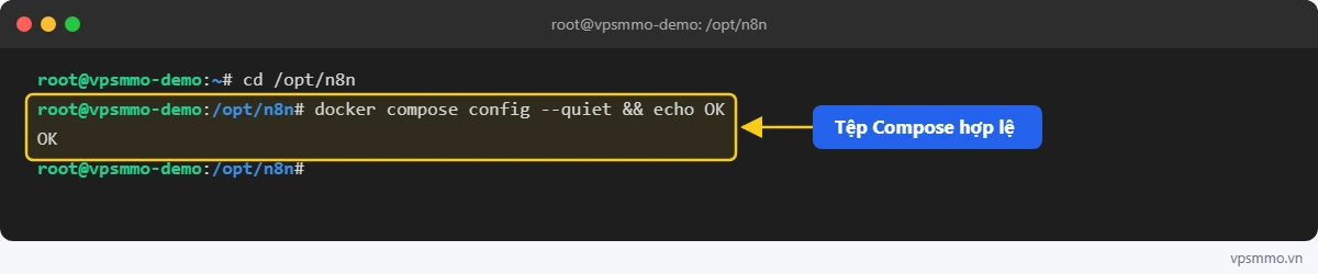 Kiểm tra tệp Docker Compose hợp lệ khi cấu hình VPS cho n8n