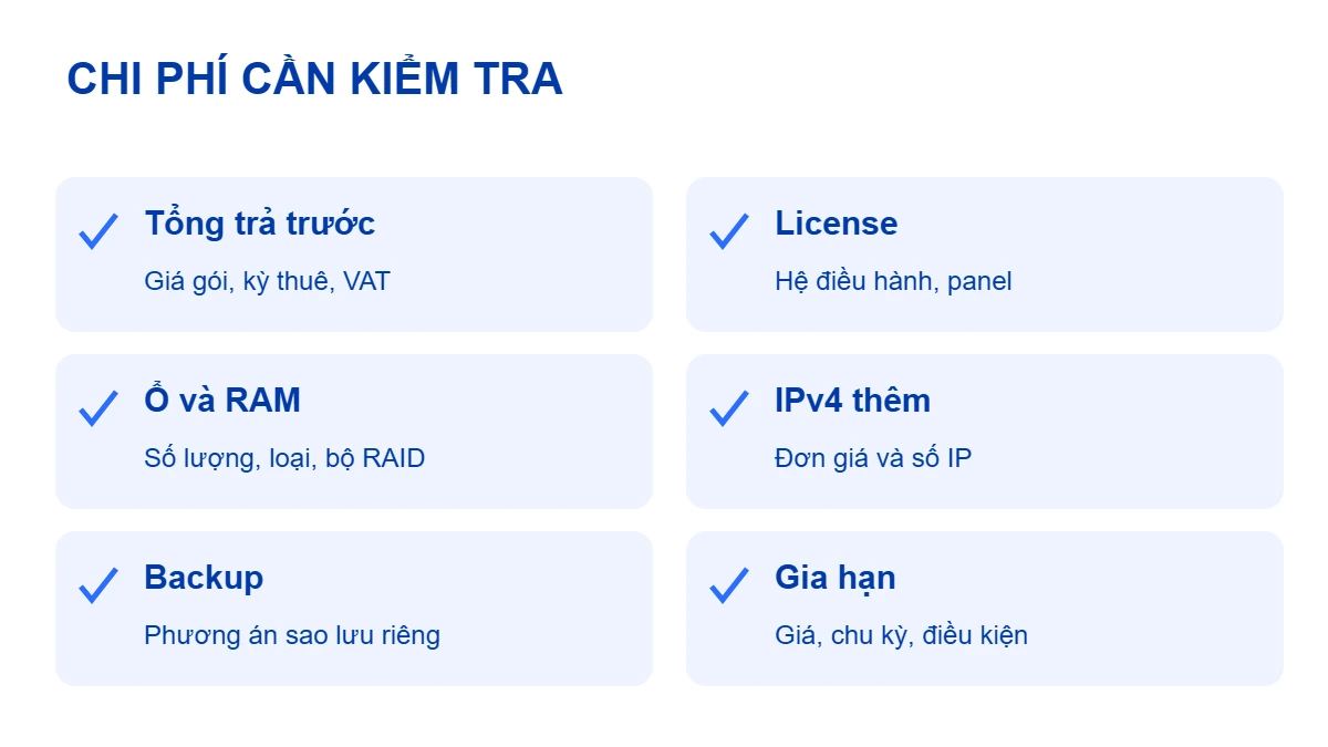 Checklist tổng thanh toán, license, lưu trữ, IPv4, backup và gia hạn