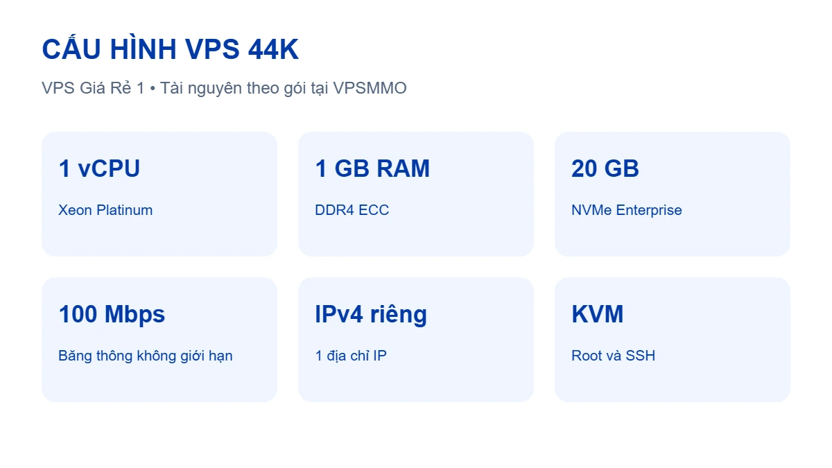 Cấu hình VPS 44K gồm 1 vCPU, 1 GB RAM, 20 GB NVMe, mạng 100 Mbps, IPv4 và KVM